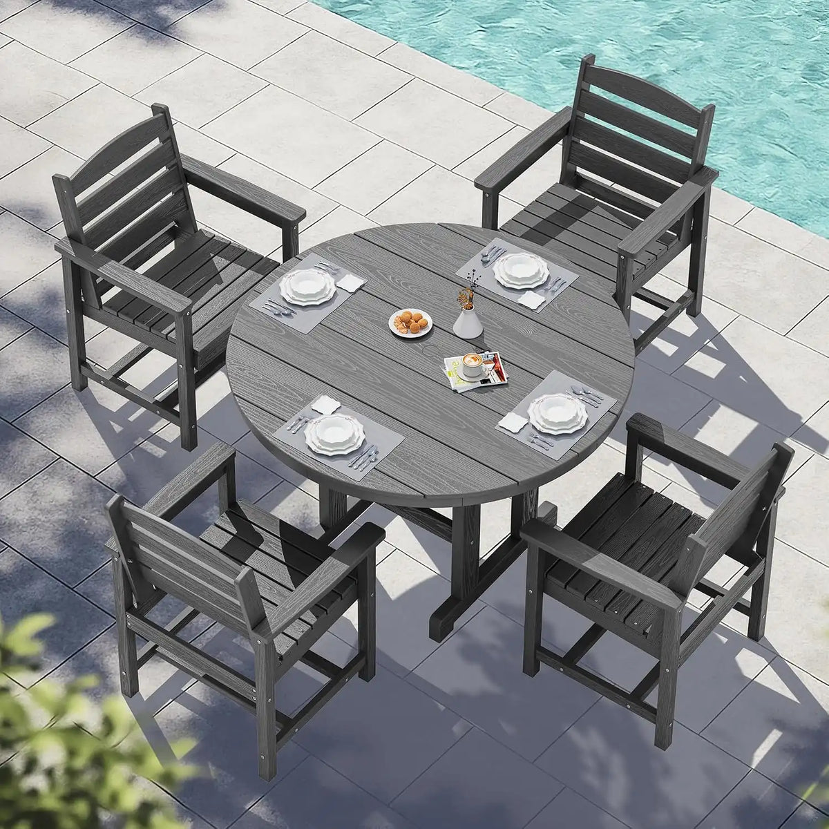 SERWALL 6-Pc Dining Set, 45" Table, 4 Chairs&9FT Umbrella, Grey (No Base)