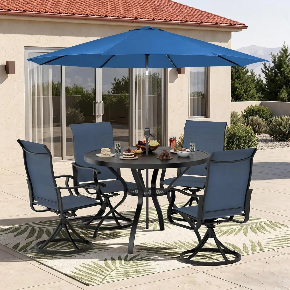 SUNCROWN 6-Piece Outdoor Dining Set, All Weather Patio Furniture Sets with 4 Dark Blue Swivel Textilene Mesh Chairs & Round Metal Table & 1 Dark Blue 9Ft Umbrella for Deck Garden Backyard Poolside