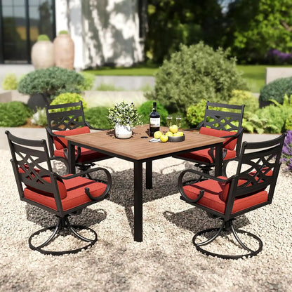 PHI VILLA Patio Dining Set, Swivel Chairs, Square Metal Table
