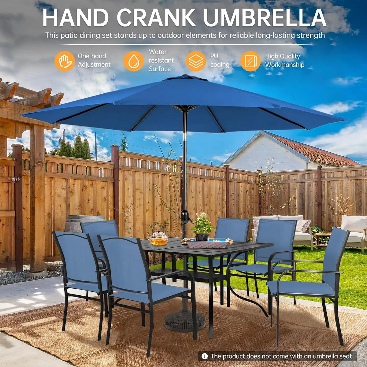 SUNCROWN 8 - Piece Outdoor Dining Set, Patio Furniture Set with 6 Textilene Dinning Chairs, 1 Rectangle Metal Table and 1 Dark Blue 9Ft Patio Umbrella for Lawn Garden Backyard Deck, Blue