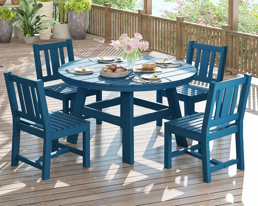 AMERLIFE Outdoor Dining Set for 4, HDPE Round Table and Chairs, Blue