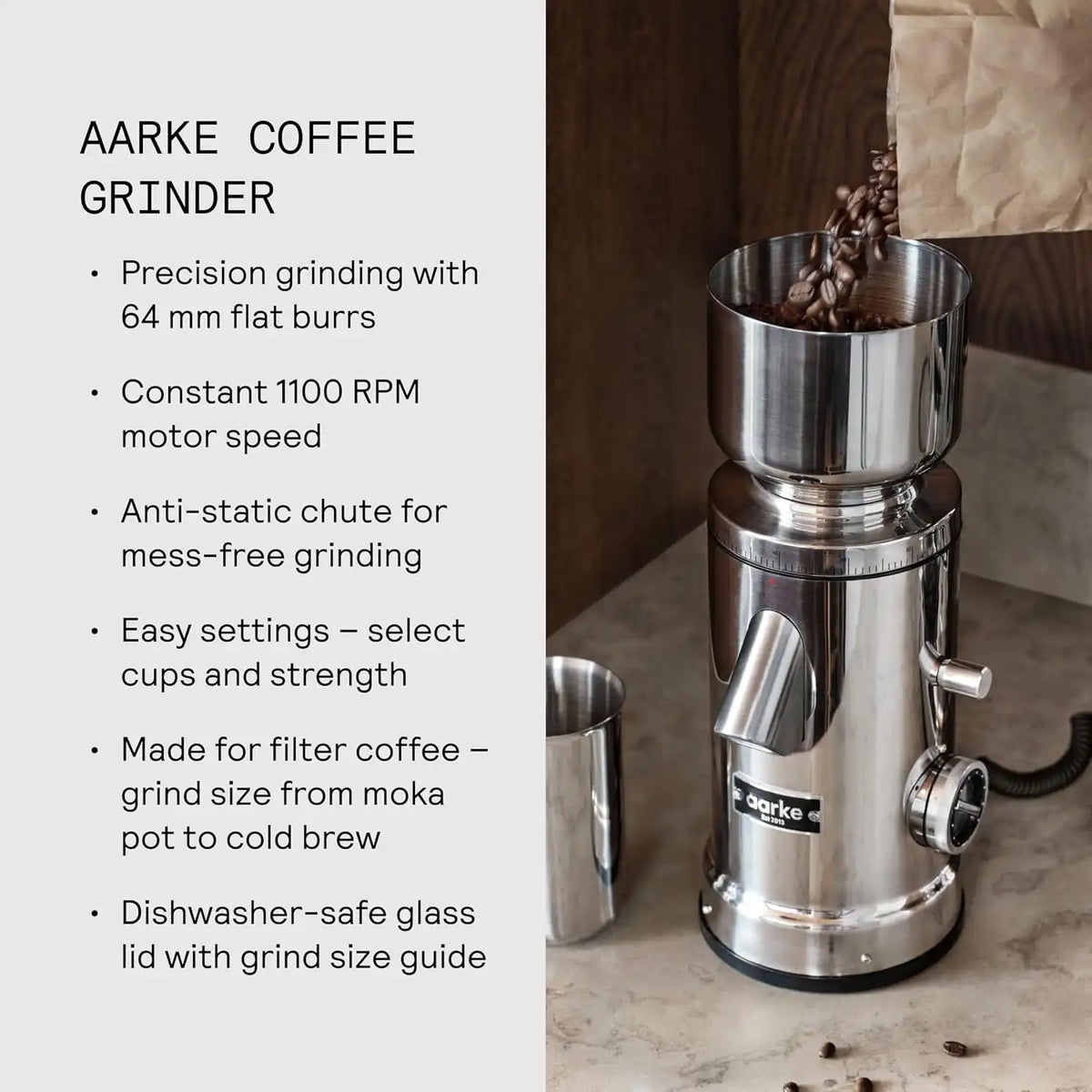 aarke Drip Coffee Maker & Grinder Bundle, 60 Settings, Stainless Steel