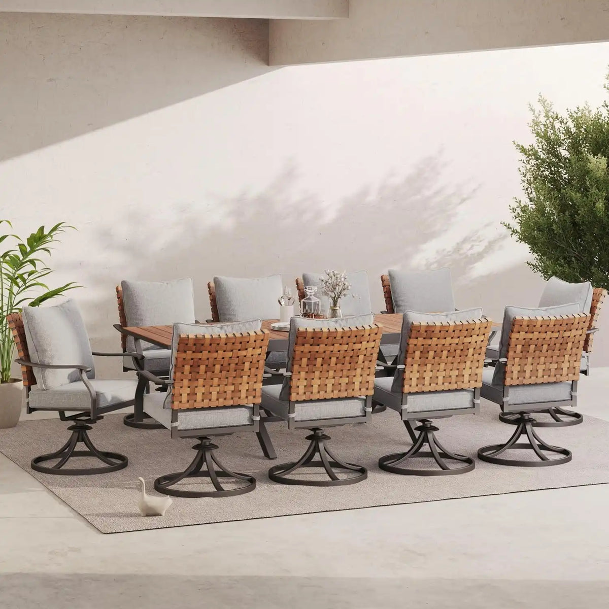 Grand patio 11-Pc Outdoor Swivel Dining Set, 10 Gray Chairs + Table, Brown