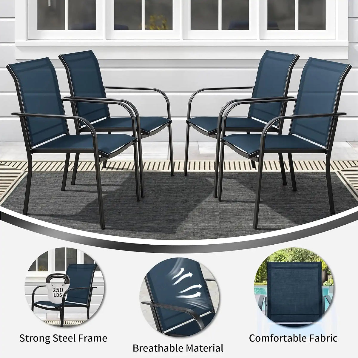 SUNCROWN 7 Pieces Outdoor Dining Set, Patio Furniture Set with 6 x Textilene Dinning Chairs and 1 60"x37" Steel Slat Metal Bistro Table for Backyard Lawn Deck Garden, Dark Blue