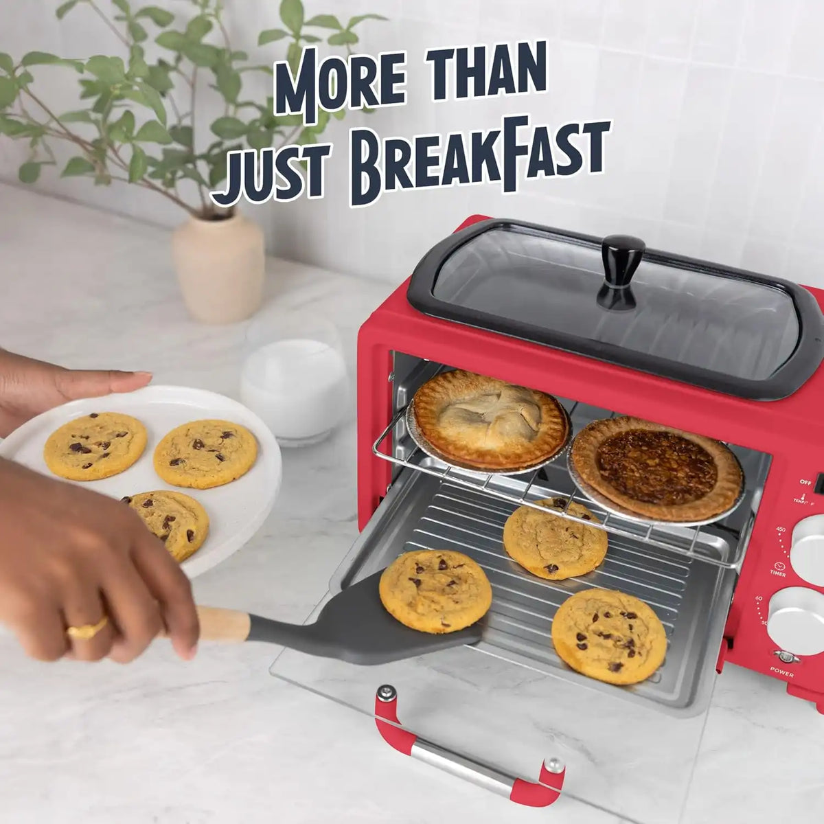 Nostalgia 3-in-1 Retro Breakfast Station - Includes 5 (4 Oz) Cup Coffee Maker, Non-Stick Ceramic Griddle, and 4-Slice Toaster Oven - Built-In Timer, Reusable Coffee Filter, Space-Saving Design - Red