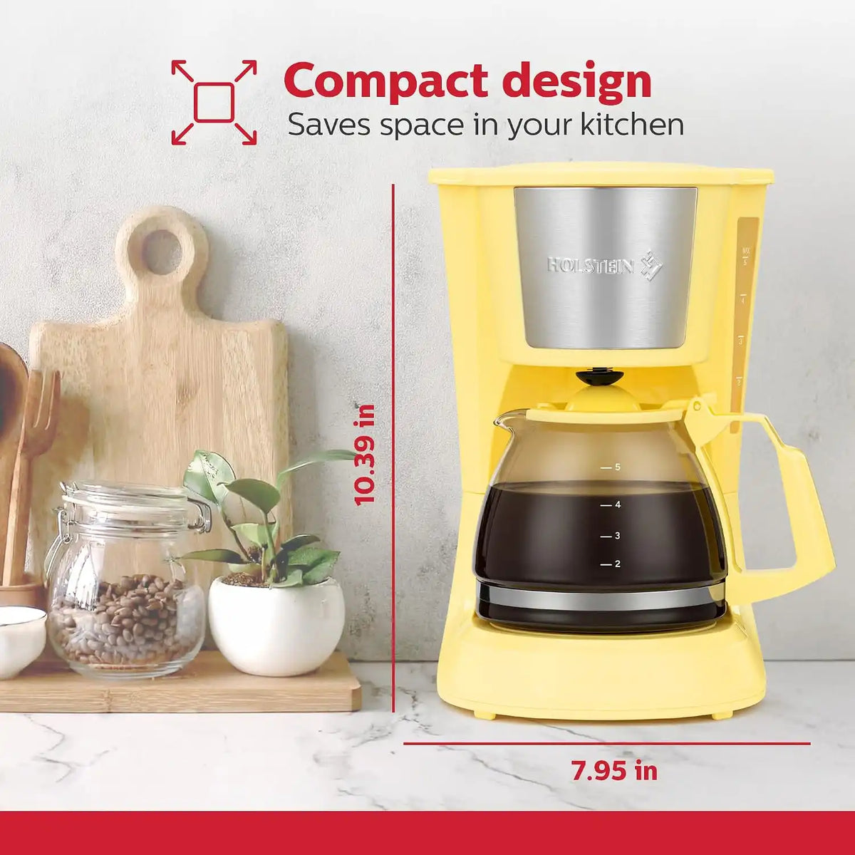 Holstein Housewares - 5 Cup Drip Coffee Maker - Convenient and User Friendly with Permanent Filter, Borosilicate Glass Carafe, Water Level Indicator, Auto Pause/Serve and Keep Warm Functions,Yellow