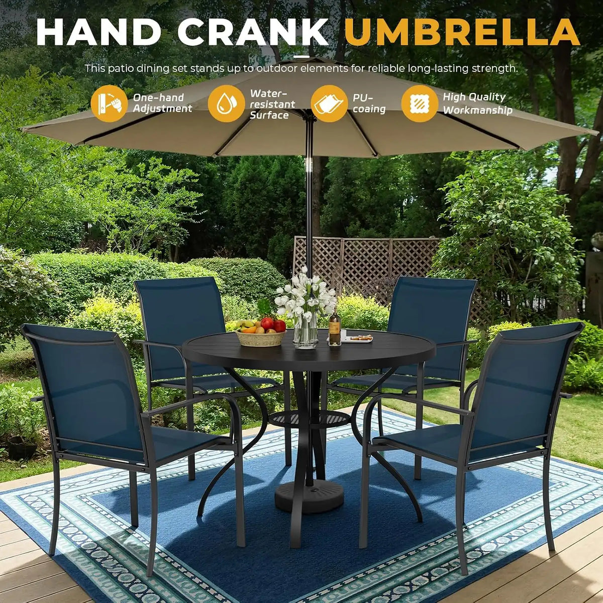 SUNCROWN 6 - Piece Outdoor Dining Set, Patio Furniture Set with 4 Textilene Dinning Chairs, 41" Metal Round Table and 1 Brown 9Ft Patio Umbrella for Lawn Garden Backyard Deck, Blue