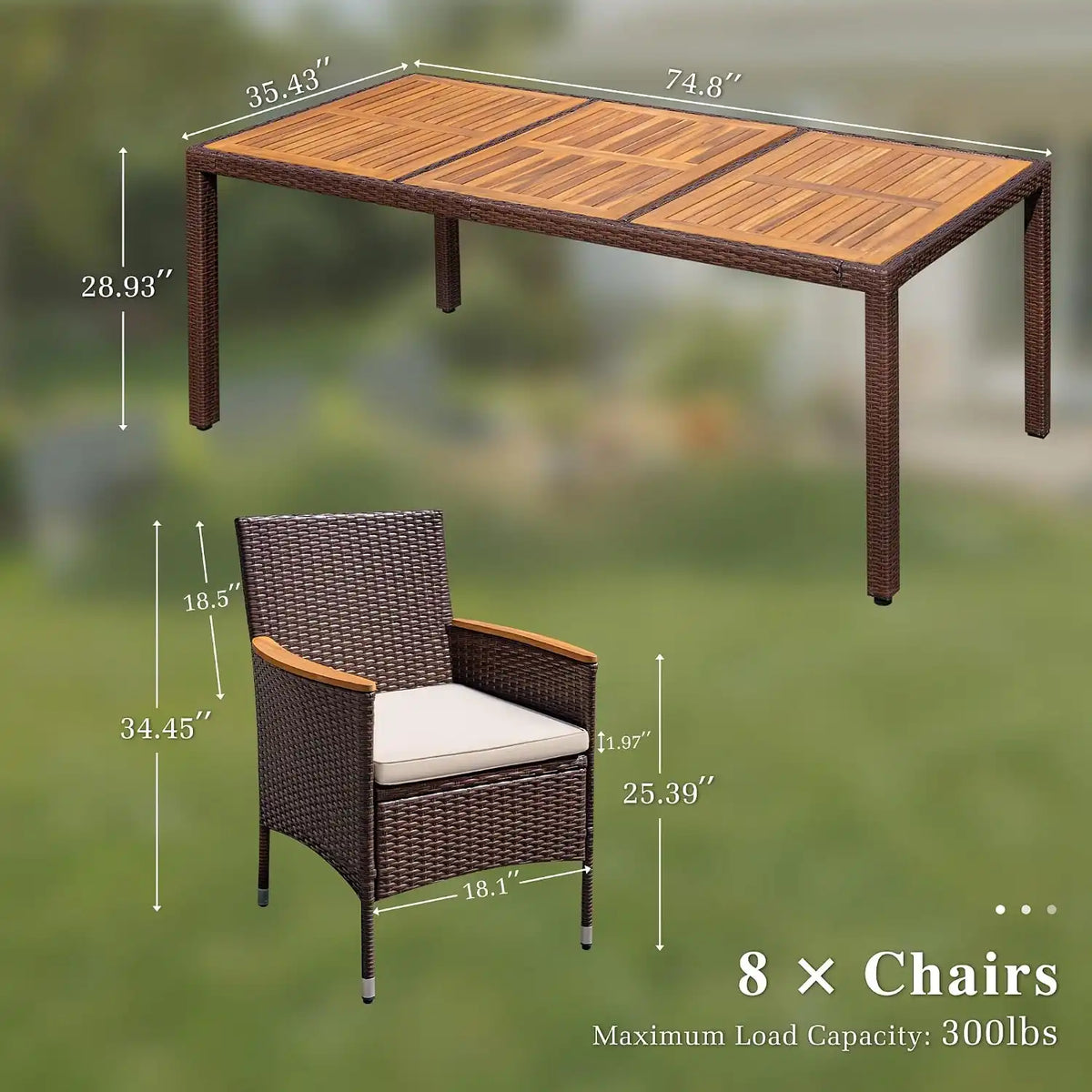 Devoko 9 PCS Acacia Wood Patio Dining Set, Brown Rattan