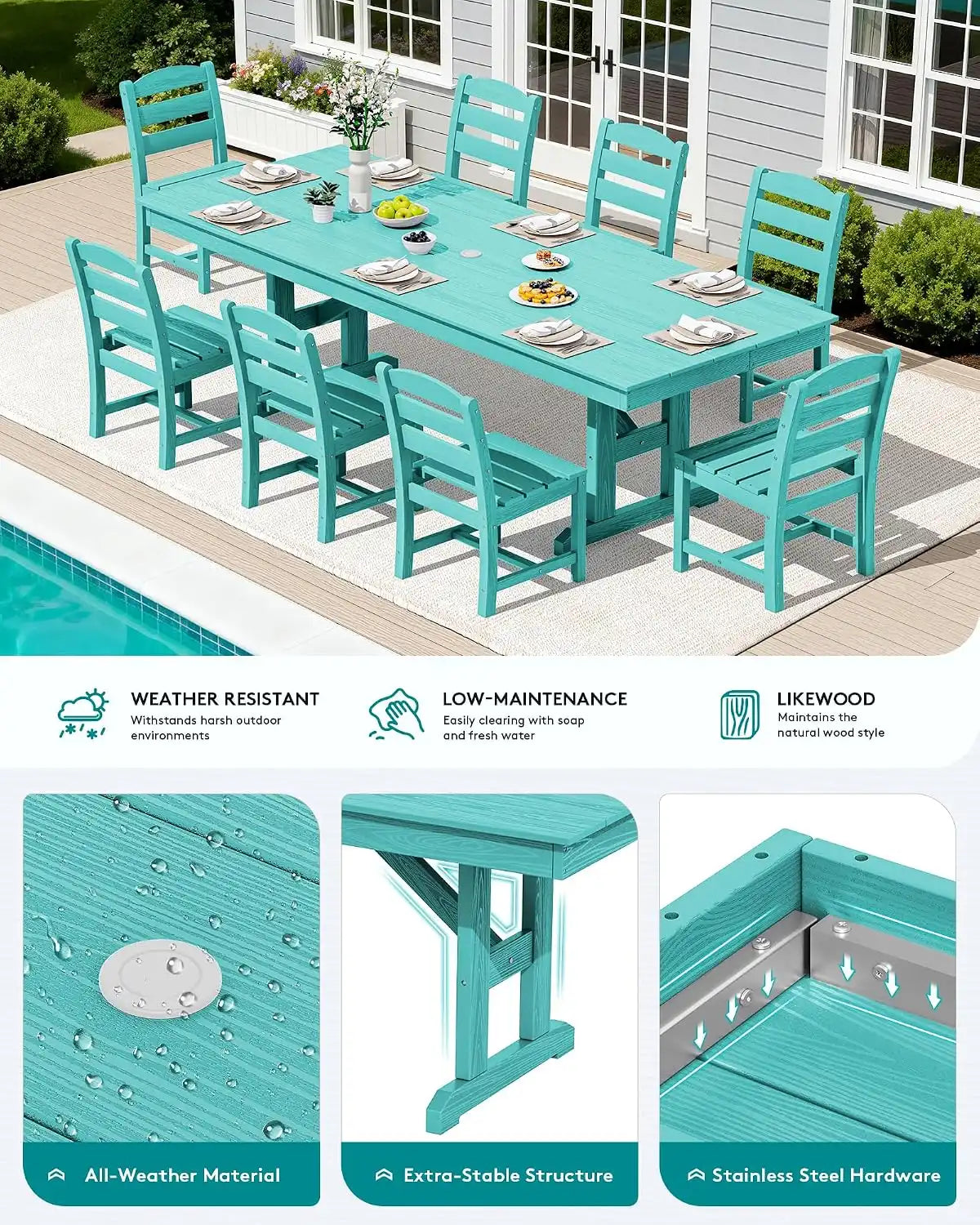 SERWALL 9Pcs 84" HDPE Outdoor Dining Set for 8 with Armless Chairs,Aruba