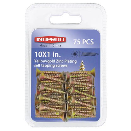 75pcs Flat Head Phillips Wood Screws #10 × 1", Yellow Zinc Plated Carbon Steel Sheet Metal Screws, High Strength Self Tapping Screws for Metal Plastic & Wood, Self Drilling, 10 × 1-Inch
