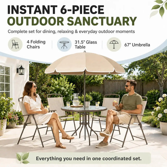 6-Piece Patio Dining Set for 4 with Umbrella (Beige)