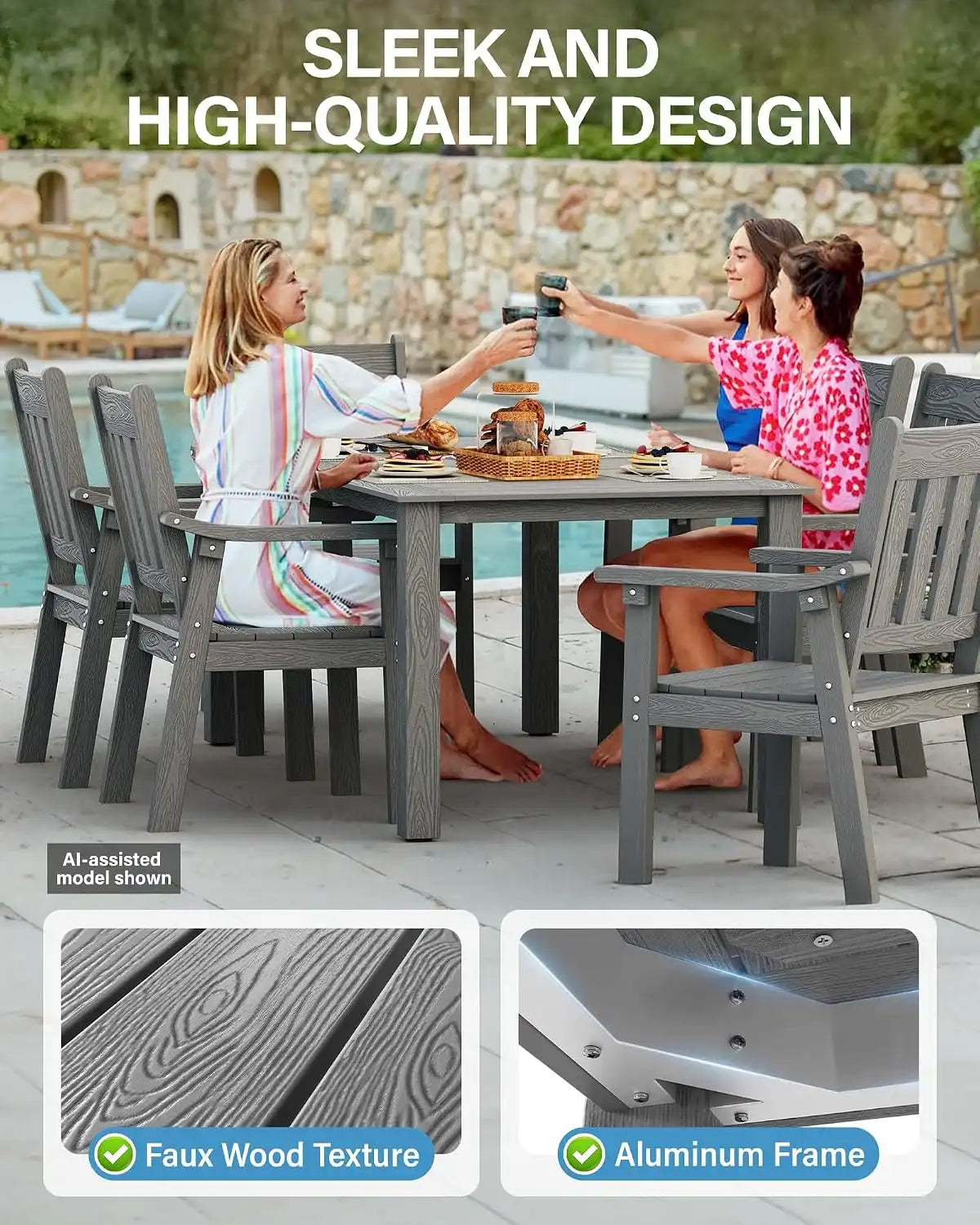 YEFU Outdoor Dining Set for 10, All-Weather HIPS, Aluminum Frame, Grey
