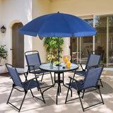 Vongrasig 6 Pieces Folding Patio Dining Set, All Weather Small Metal Outdoor Table and Chair Set, Garden Patio Furniture Set w/Umbrella, Glass Table & 4 Folding Chairs for Lawn, Backyard, Blue