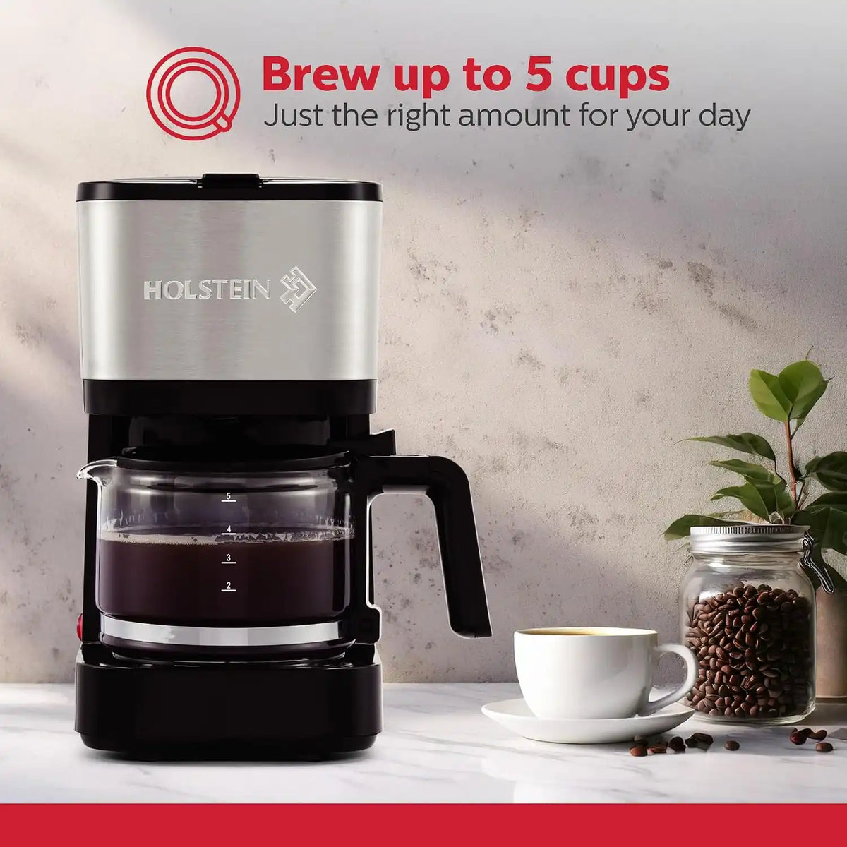 Holstein Housewares Simply Brew Stainless Steel Drip Coffee Maker 5 Cup Coffee with Reusable Filter, Drip Free, Dishwasher Safe Pot, Black