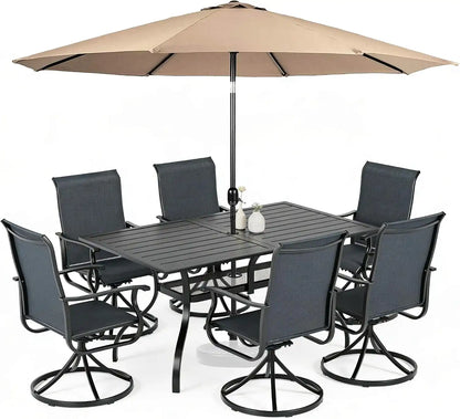 SUNCROWN 8-Piece Outdoor Dining Set, All Weather Patio Furniture Sets with 6 Black Swivel Textilene Mesh Chairs & Rectangular Metal Table & 1 Brown 9Ft Umbrella for Garden Backyard Poolside
