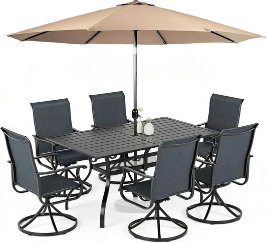 SUNCROWN 8-Piece Outdoor Dining Set, All Weather Patio Furniture Sets with 6 Black Swivel Textilene Mesh Chairs & Rectangular Metal Table & 1 Brown 9Ft Umbrella for Garden Backyard Poolside