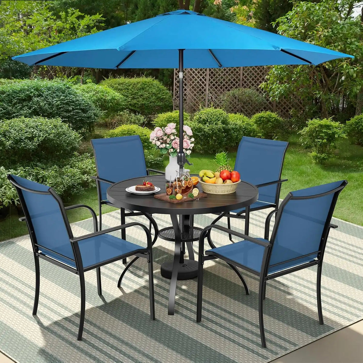 SUNCROWN 6 - Piece Outdoor Dining Set, Patio Furniture Set with 4 Textilene Dinning Chairs, 41" Metal Round Table and 1 Sky Blue 9Ft Patio Umbrella for Lawn Garden Backyard Deck, Blue