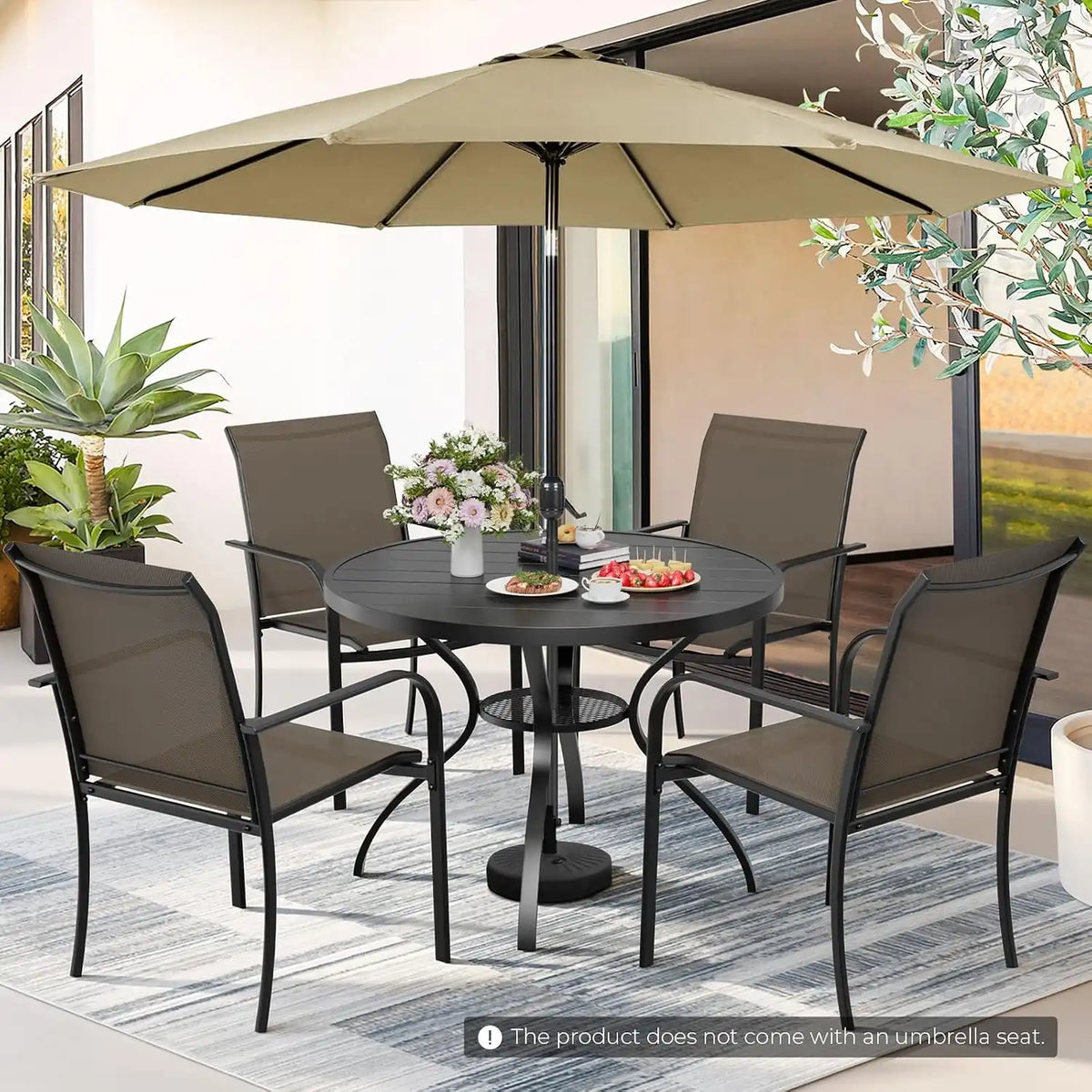 SUNCROWN 6 - Piece Outdoor Dining Set, Patio Furniture Set with 4 Textilene Dinning Chairs, 41" Metal Round Table and 1 Brown 9Ft Patio Umbrella for Lawn Garden Backyard Deck, Brown