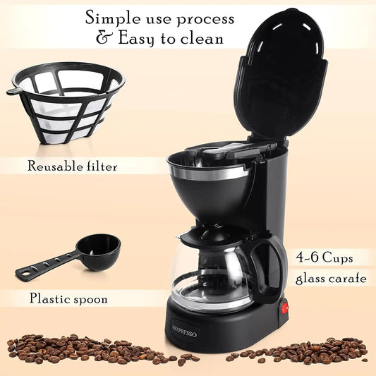 Mixpresso 5 Cup Drip Coffee Maker, Coffee Pot with Reusable Filter, Black