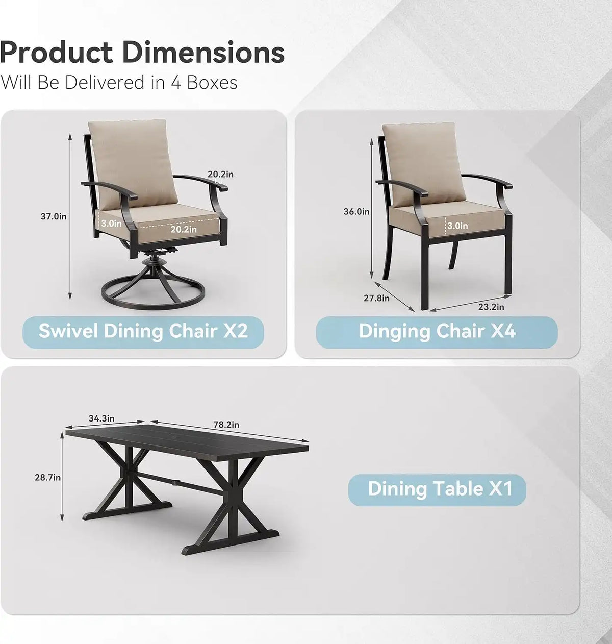ALAULM 7-Piece Patio Dining Set,Outdoor Metal Dining Set with 2 Swivel Chairs & Rectangle Table with 1.5 Umbrella Hole, Patio Dining Table and Chairs for Backyard,Sand