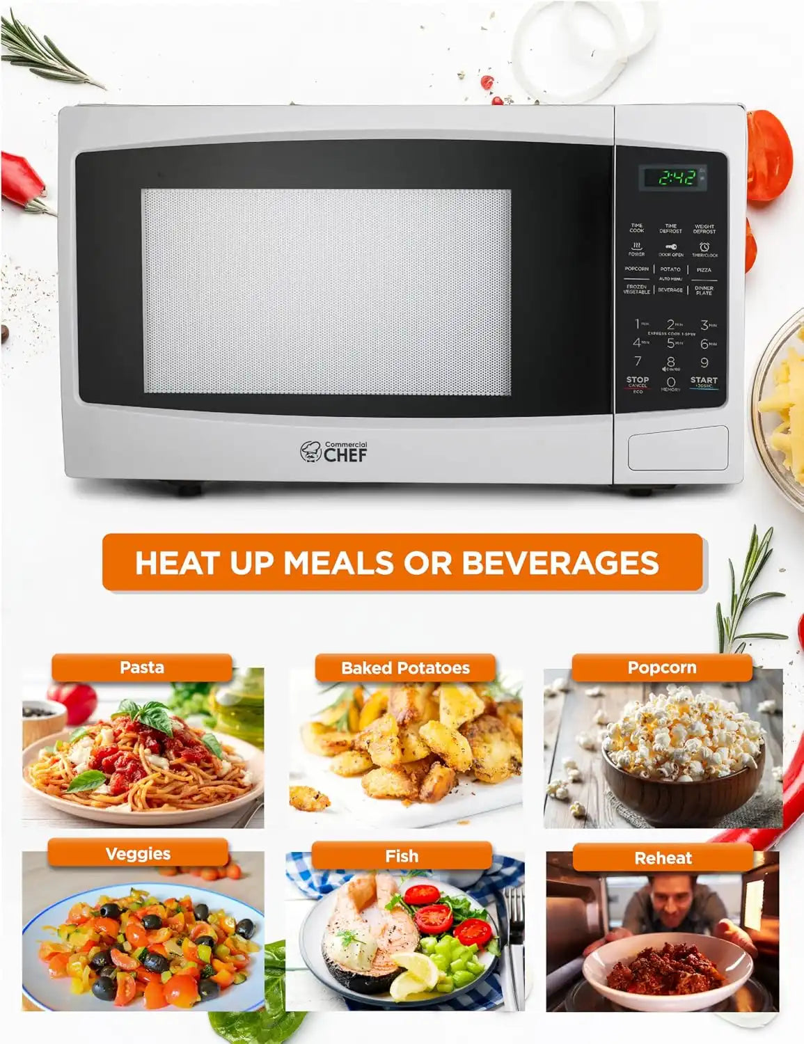 Commercial Chef 1.1 Cu. Ft. Countertop Microwave Oven, CHM11MW, White