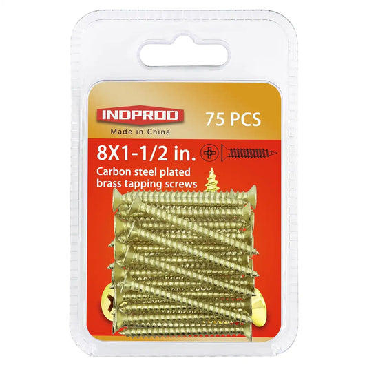 #8 x 1-1/2" Wood Screw, Phillips Flat Head Self Tapping Screws, Brass Plated Carbon Steel, Brass Plated Screws for Wood, Wood Screws #8 X 1 1/2 Inch, 75Pcs