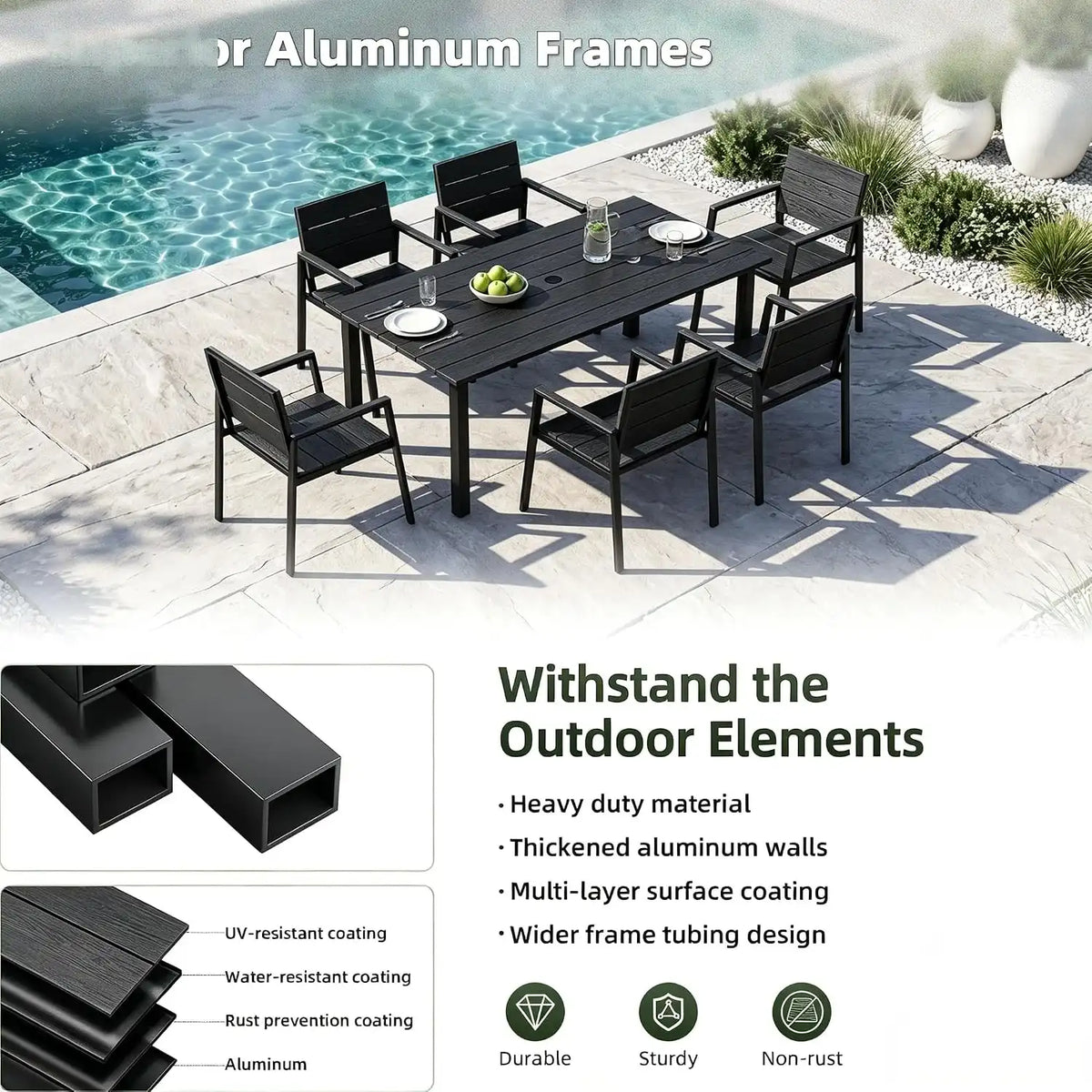 LazySunsets Outdoor Dining Set with Umbrella Hole (Blacky, 7 Piece)