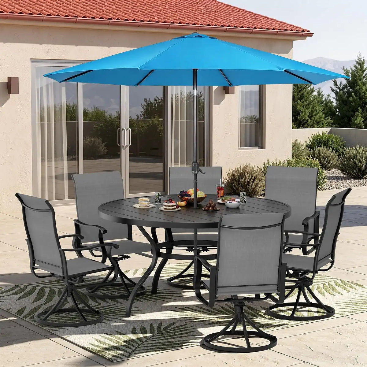 SUNCROWN 8-Piece Outdoor Dining Set, All Weather Patio Furniture Sets with 6 Dark Gray Swivel Textilene Mesh Chairs & Round Metal Table & 1 Light Blue 9Ft Umbrella for Deck Garden Backyard Poolside