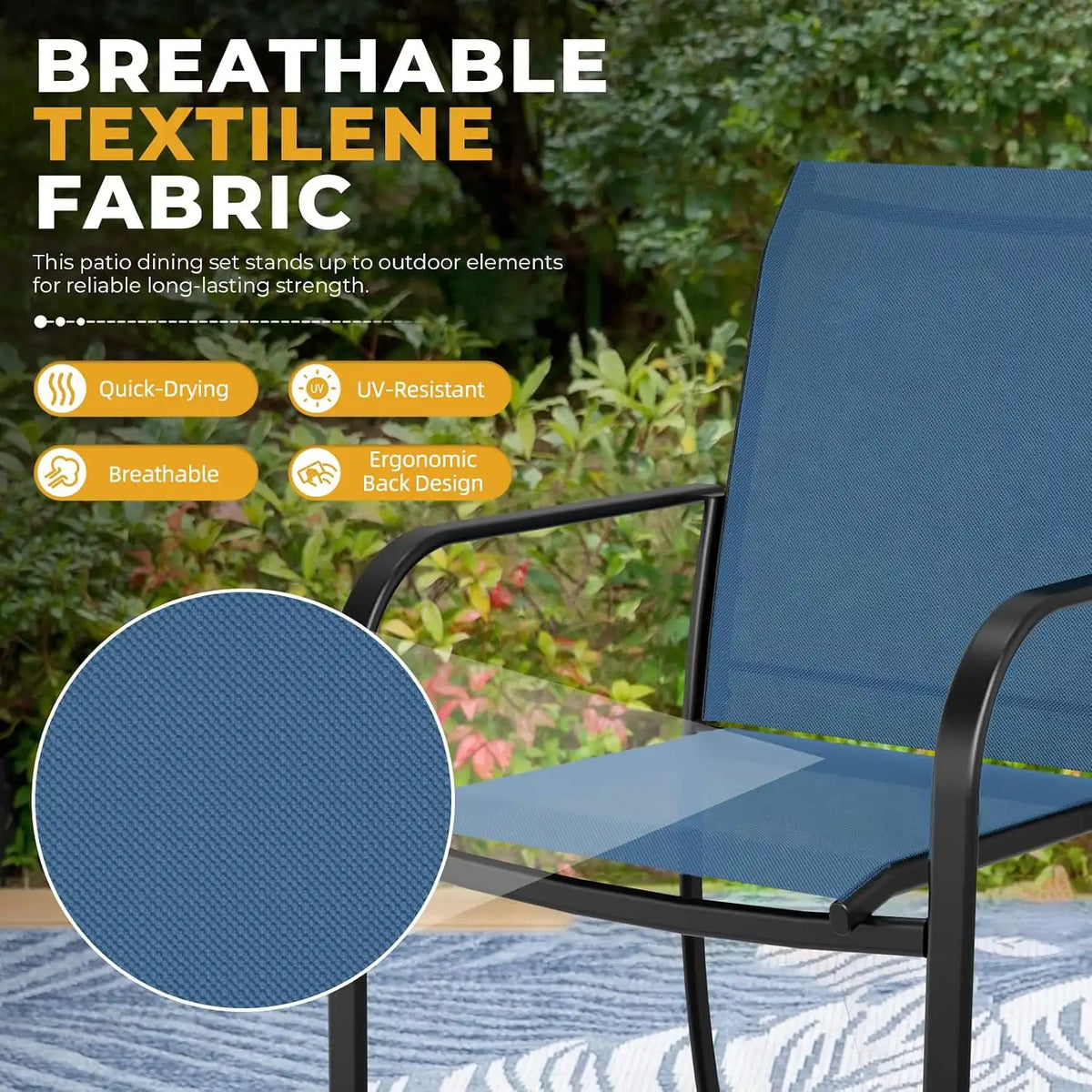 SUNCROWN 6 - Piece Outdoor Dining Set, Patio Furniture Set with 4 Textilene Dinning Chairs, 41" Metal Round Table and 1 Sky Blue 9Ft Patio Umbrella for Lawn Garden Backyard Deck, Blue