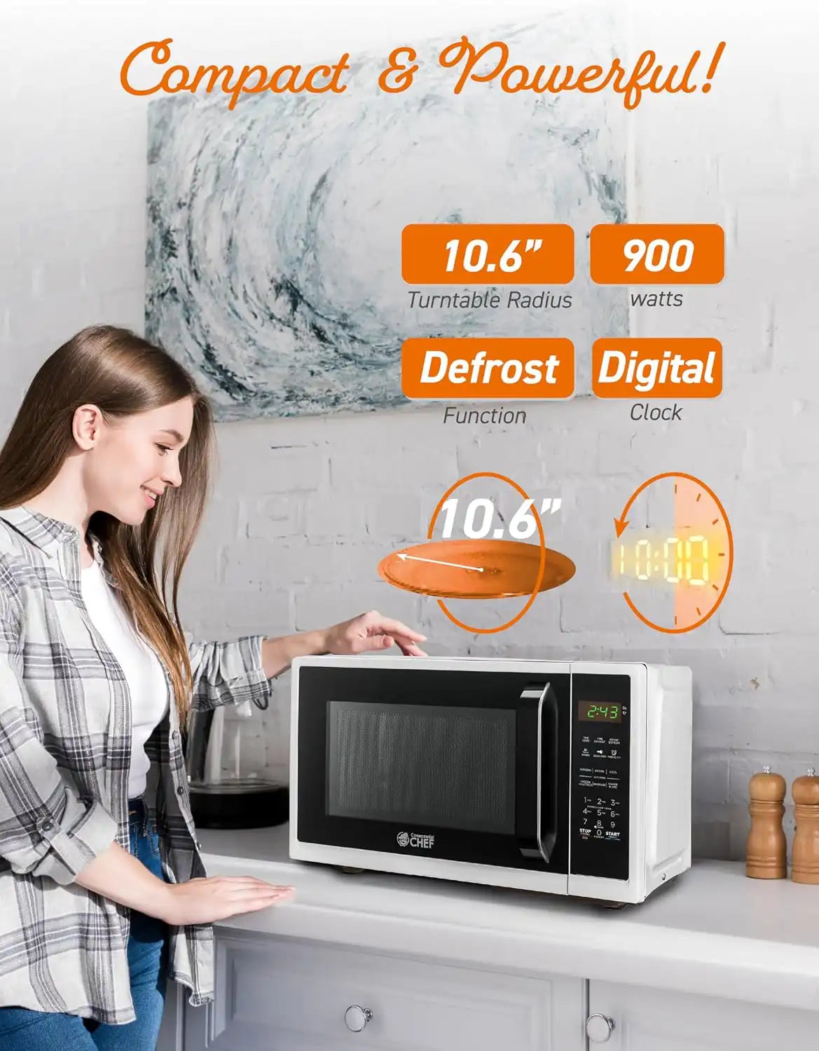 Commercial Chef 0.9 Cu. Ft. Countertop Microwave Oven, CHM9MW, White