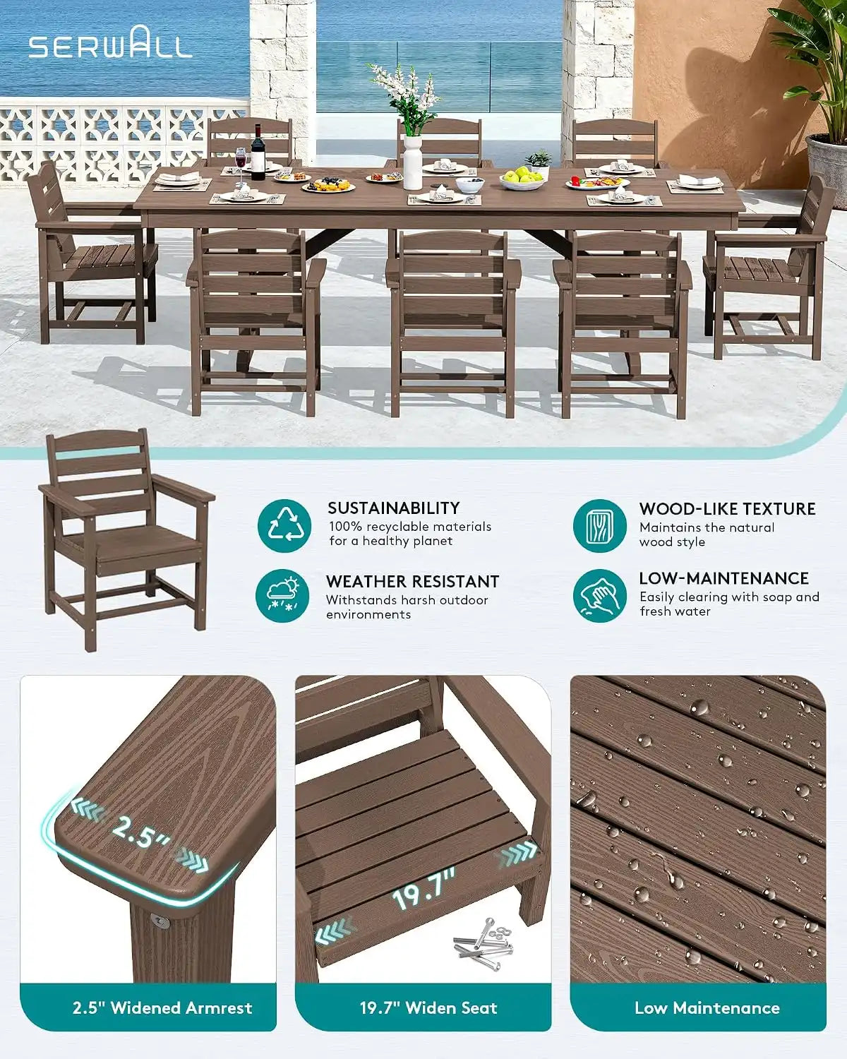 SERWALL Patio HDPE Dining Chairs Set of 2, Brown