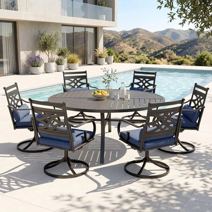 PHI VILLA Patio Dining Set, Swivel Chairs, Round Metal Table