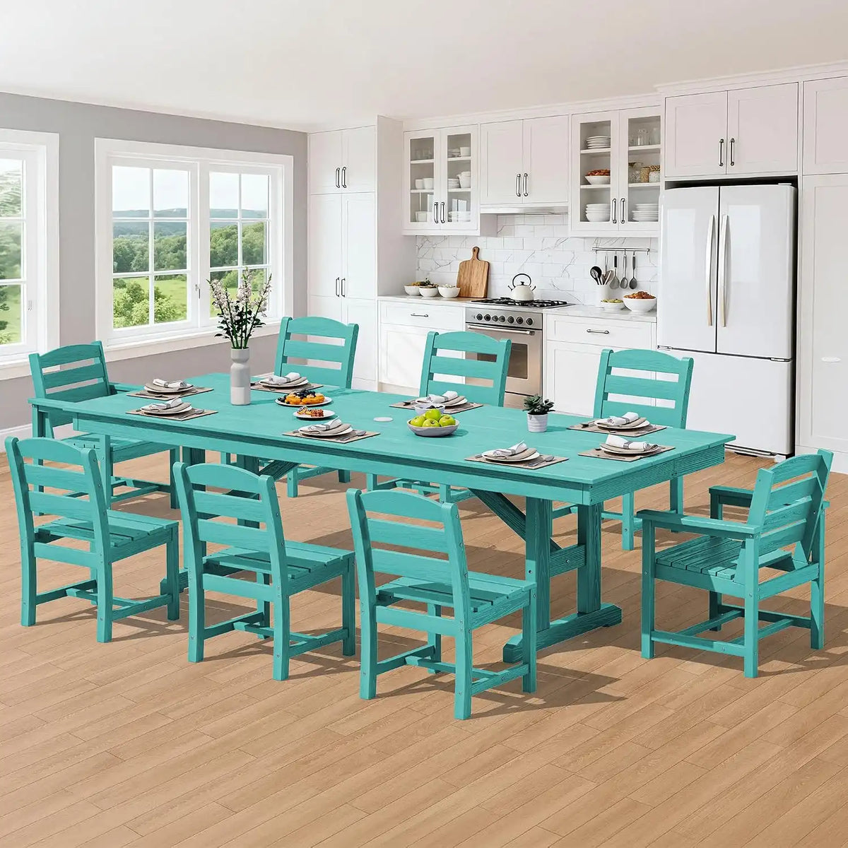 SERWALL 9Pcs HDPE Outdoor Dining Set w/6 Armless, 2 Armchairs for 8, Aruba