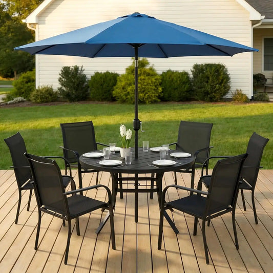 SUNCROWN 8 - Piece Outdoor Dining Set, Patio Furniture Set with 6 Textilene Dinning Chairs, 53" Metal Round Table and 1 Dark Blue 9Ft Patio Umbrella for Lawn Garden Backyard Deck, Black