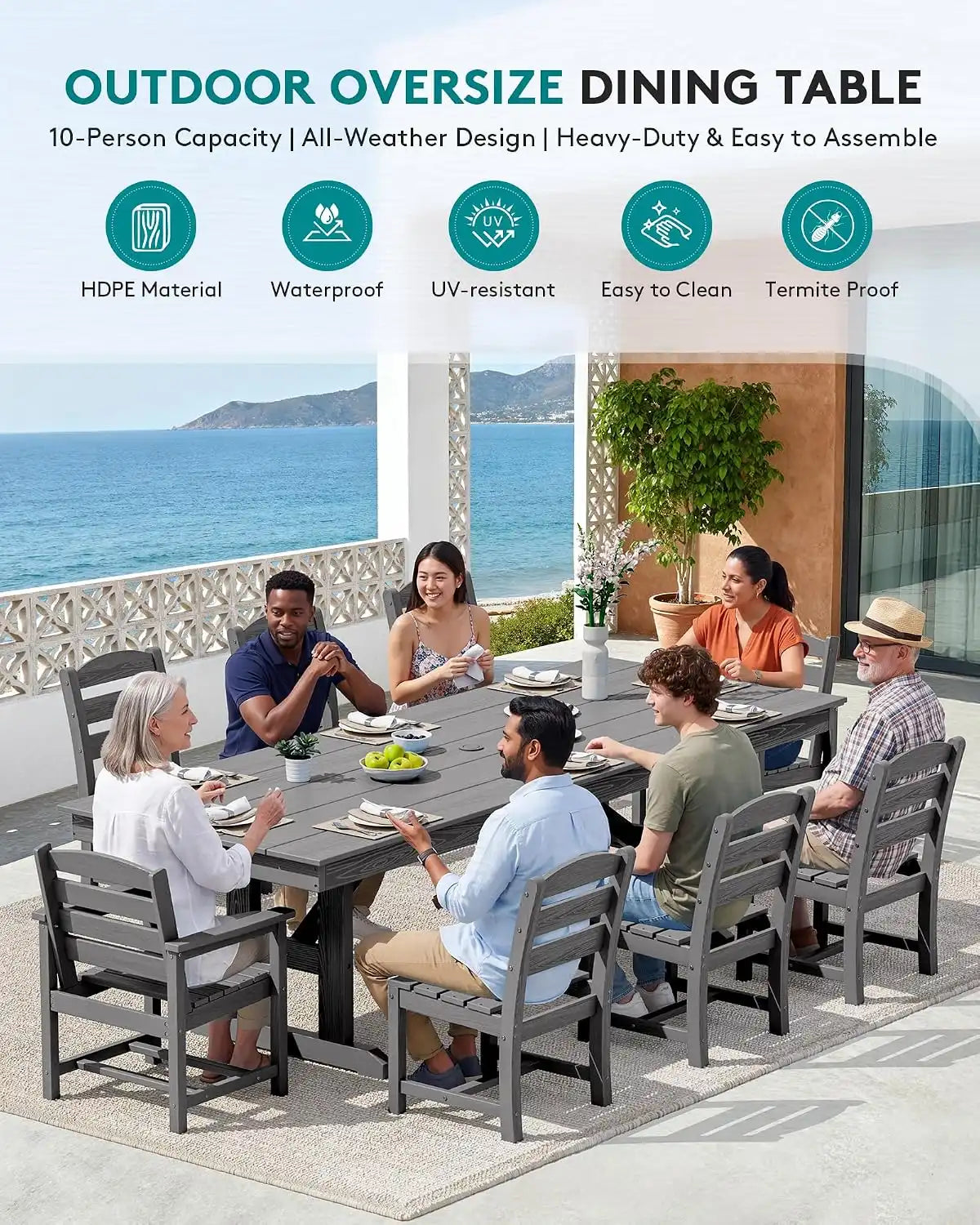 SERWALL 9Pcs HDPE Outdoor Dining Set w/6 Armless, 2 Armchairs for 8,Gray
