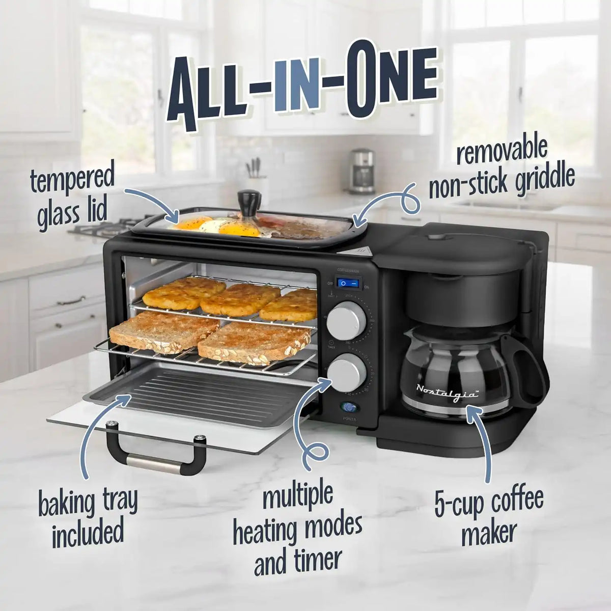 Nostalgia 3-in-1 Retro Breakfast Station - Includes 5 (4 Oz) Cup Coffee Maker, Non-Stick Ceramic Griddle, and 4-Slice Toaster Oven - Built-In Timer, Reusable Coffee Filter, Space-Saving Design - Black