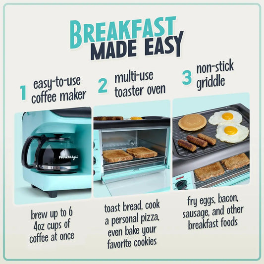 Nostalgia 3-in-1 Breakfast Station - Includes Coffee Maker, Non-Stick Griddle, and 4-Slice Toaster Oven - Versatile Breakfast Maker with Timer - Aqua