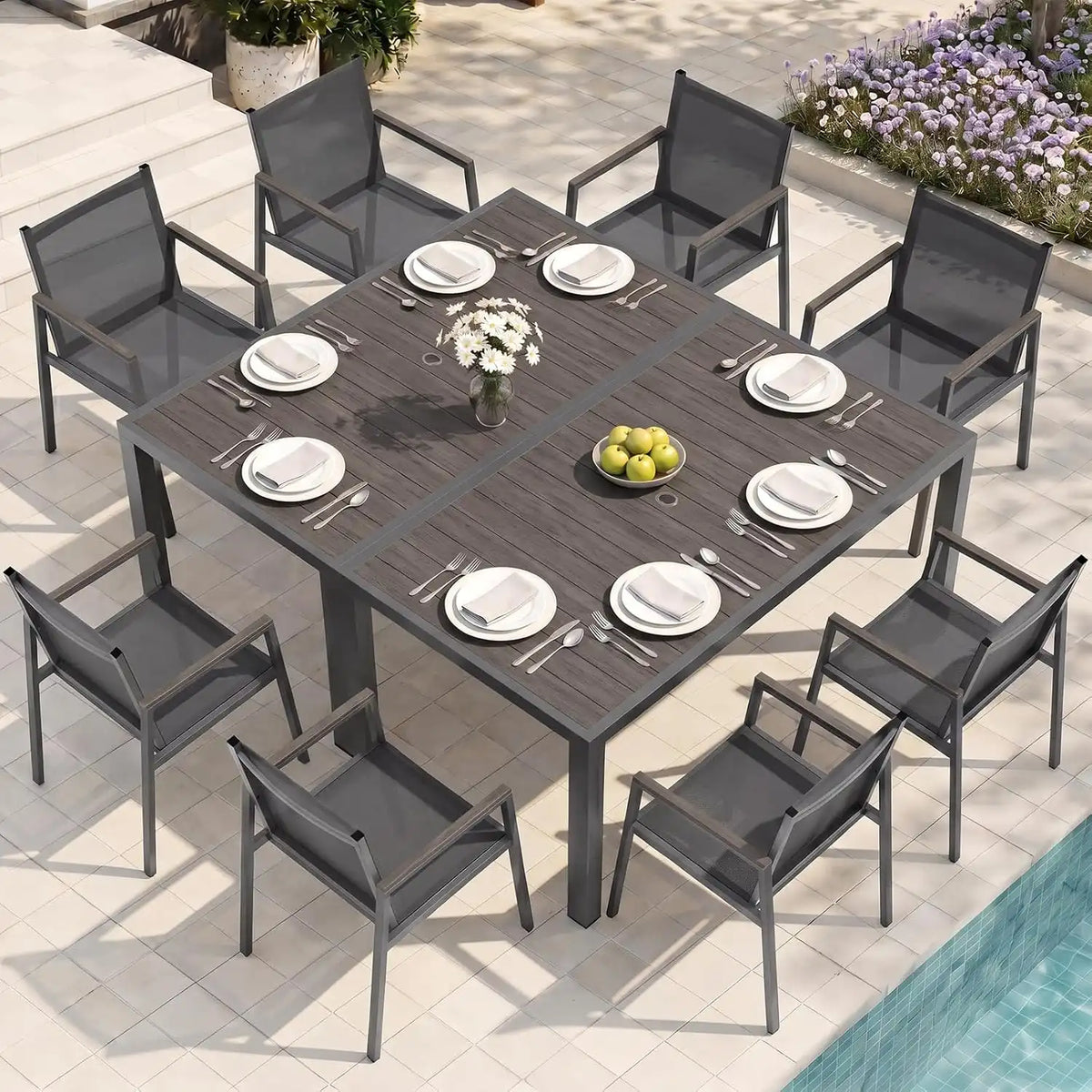 Outdoor Dining Set for 8, Aluminum Patio Table and Chairs Set, 10-Piece All Weather Patio Dining Furniture Set with Umbrella Hole for Backyard, Deck, Poolside (Charcoal)