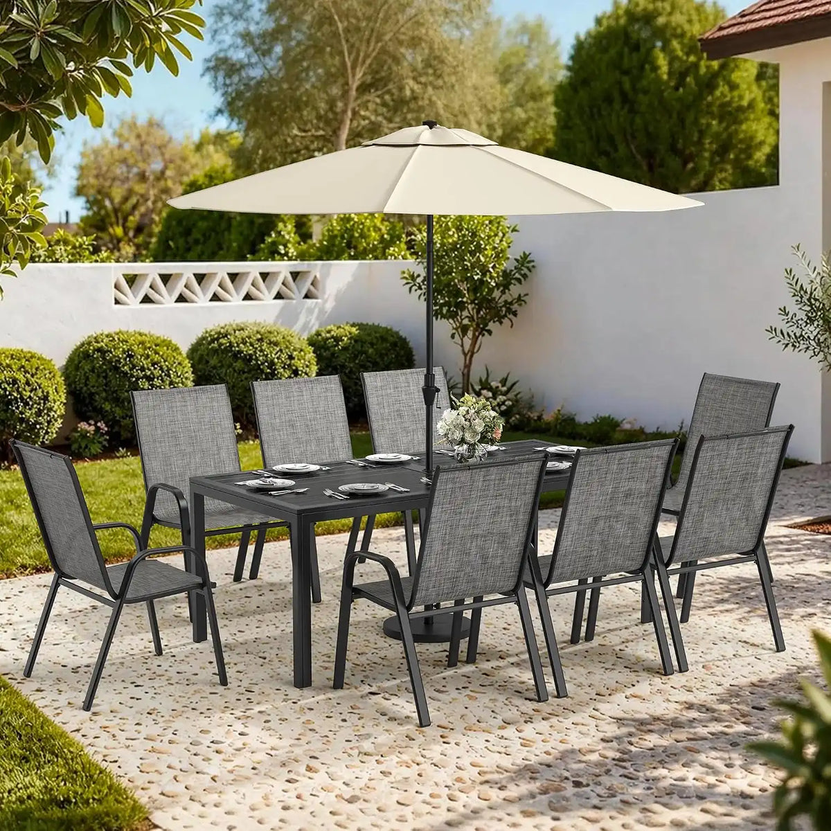 Pamapic Outdoor Dining Sets for 9, Rectangular Steel Slat Table with 8 Textilene Chairs, 8 Piece Patio Table and Chairs Set with Umbrella Hole for Patio, Backyard, Poolside (Grey, No Umbrella)