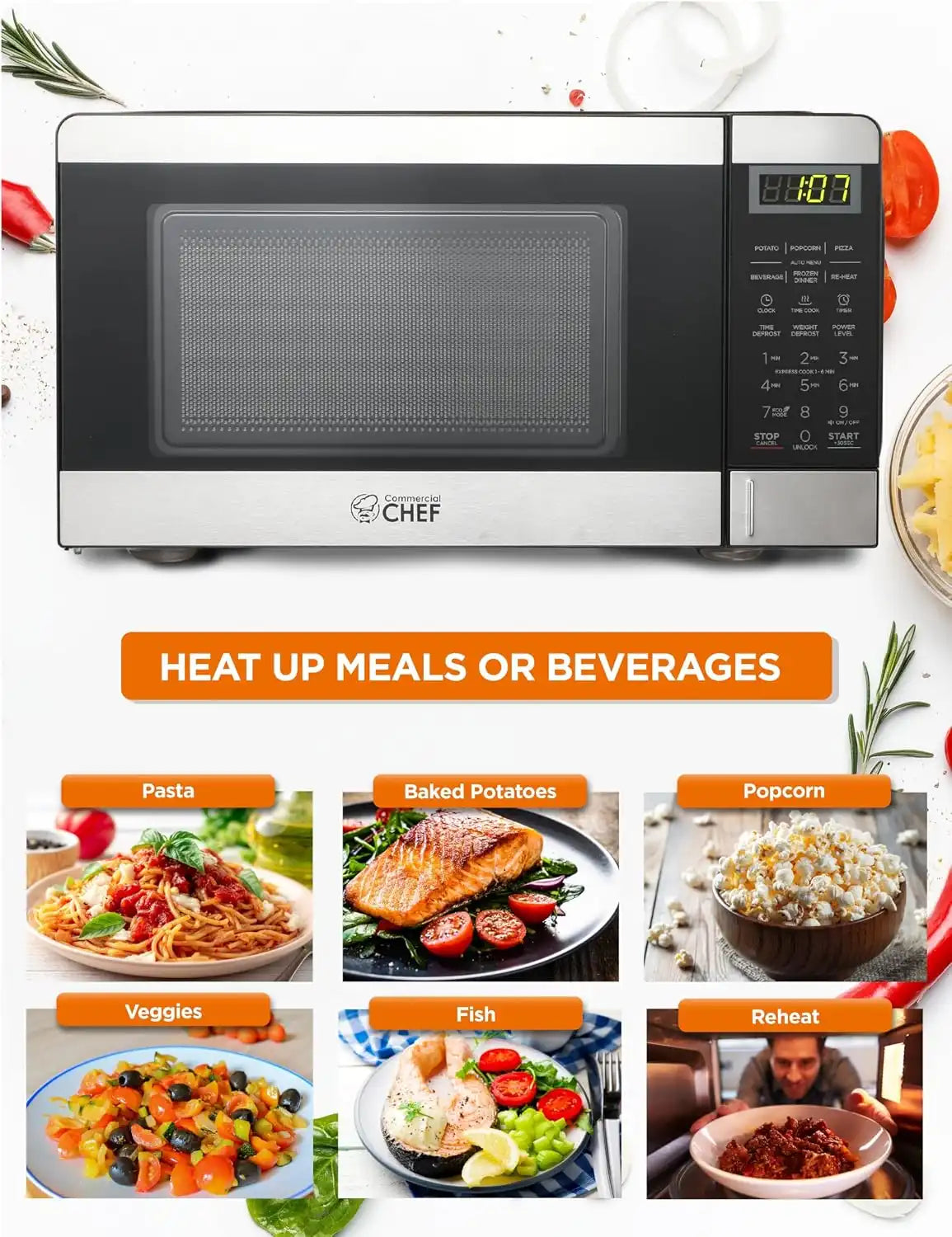 Commercial Chef 0.7 Cu. Ft. Countertop Microwave Oven, CHM770S, Stainless