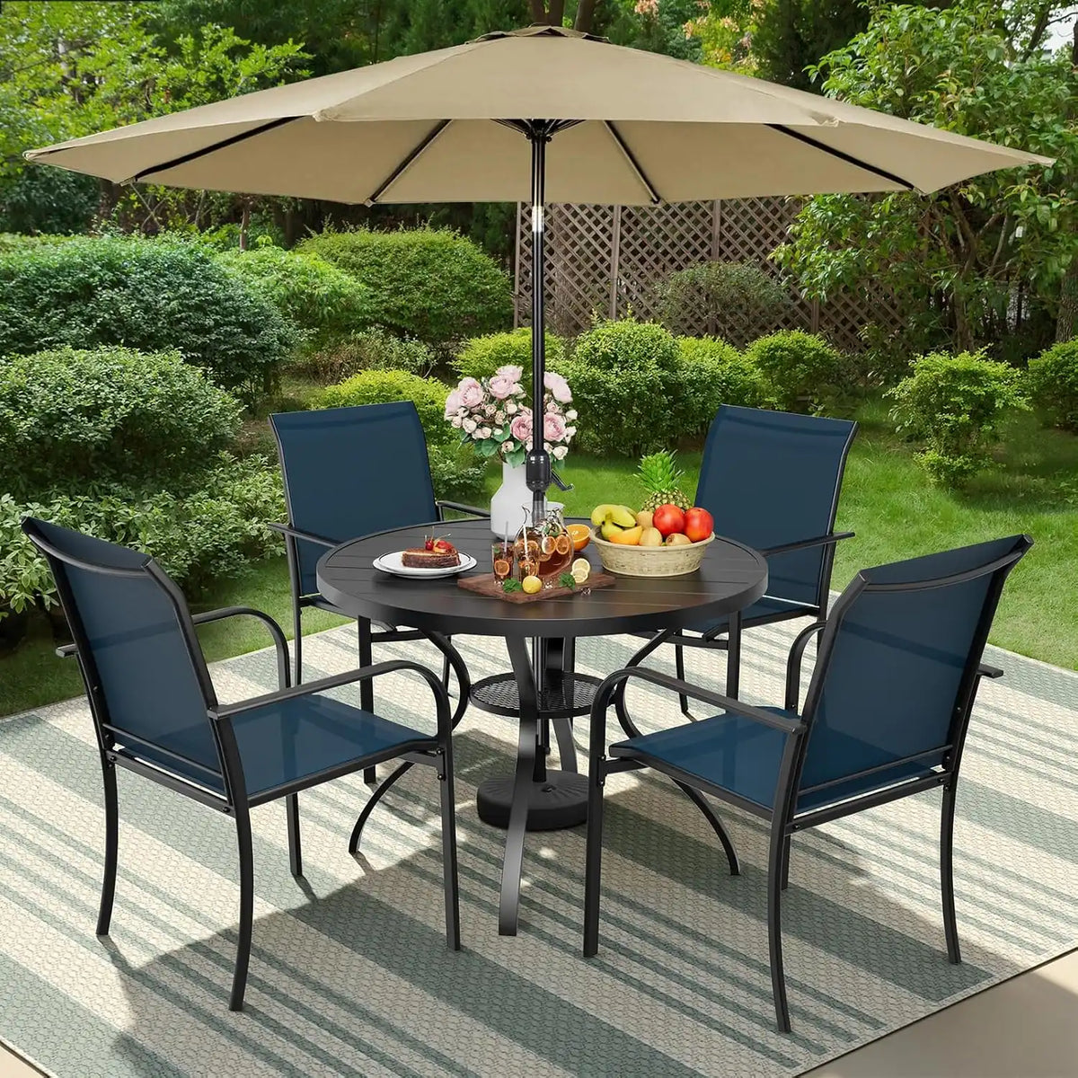 SUNCROWN 6 - Piece Outdoor Dining Set, Patio Furniture Set with 4 Textilene Dinning Chairs, 41" Metal Round Table and 1 Brown 9Ft Patio Umbrella for Lawn Garden Backyard Deck, Blue