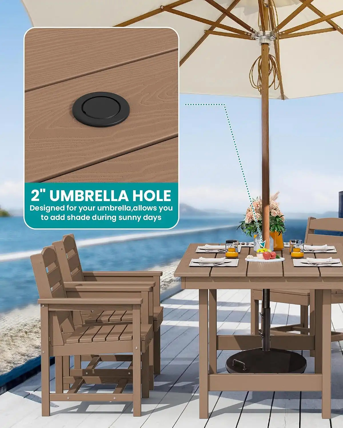 SERWALL 5 Pcs HDPE Patio Dining Set, Outdoor Dining Set for 4, Brown