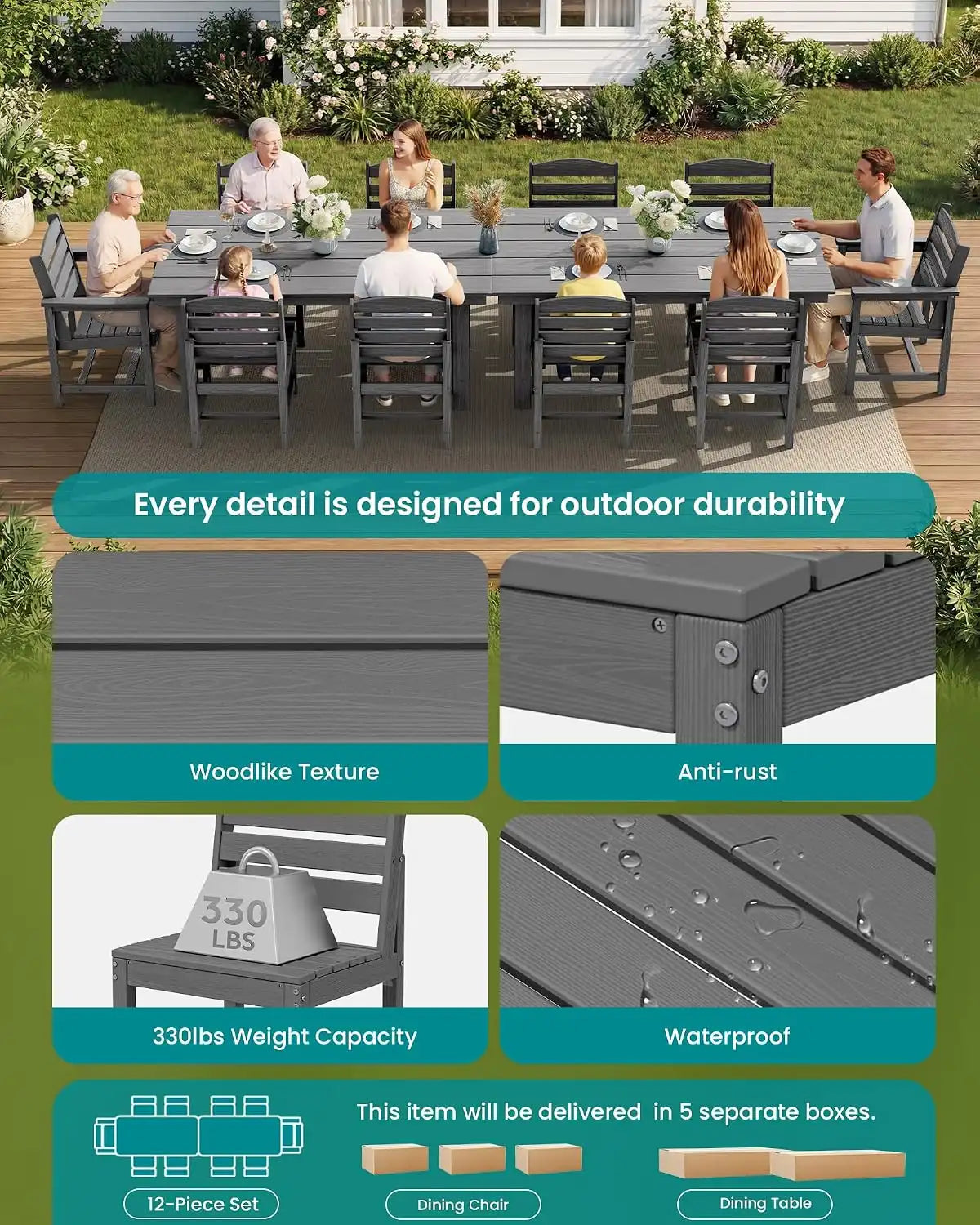 SERWALL HDPE Outdoor Dining Furniture, Outdoor Dining Set for 10, Gray