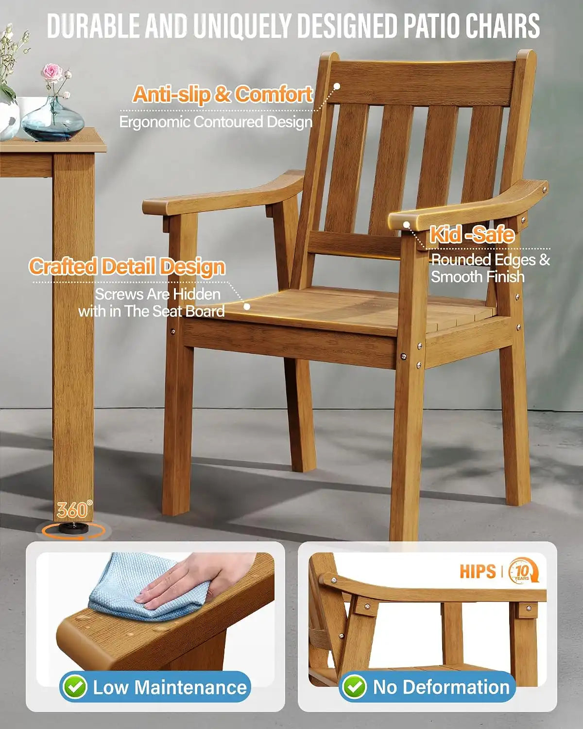 YEFU Outdoor Patio Chairs Set of 2, Weather Resistant HIPS, Teak