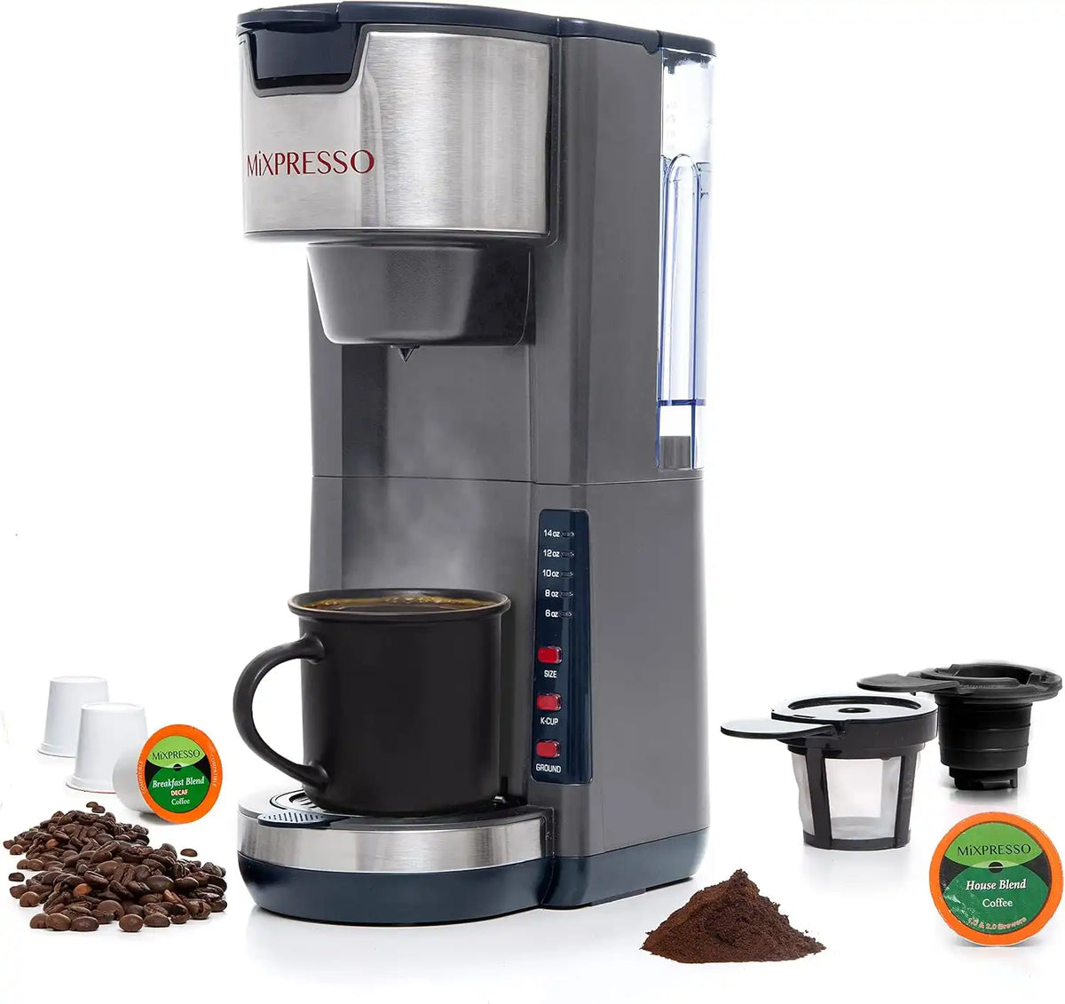 Mixpresso Gray Single Serve Coffee Brewer K-Cup Pods Compatible & Ground