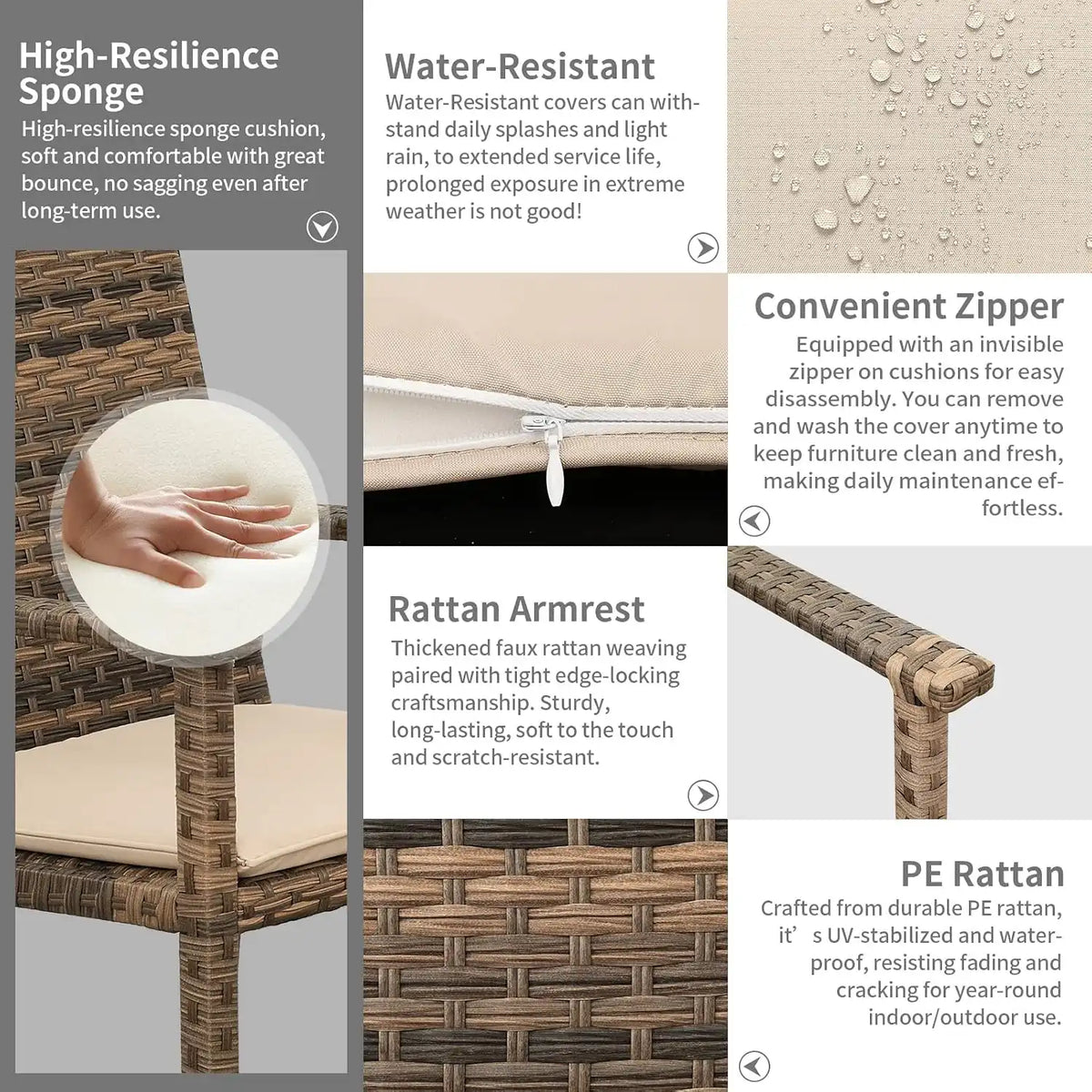 Rattaner Brown Wicker Patio Dining Set for 6 Outdoor Dining Glass Table and Chairs 7 Pieces with Waterproof Cover and Cushions, Khaki