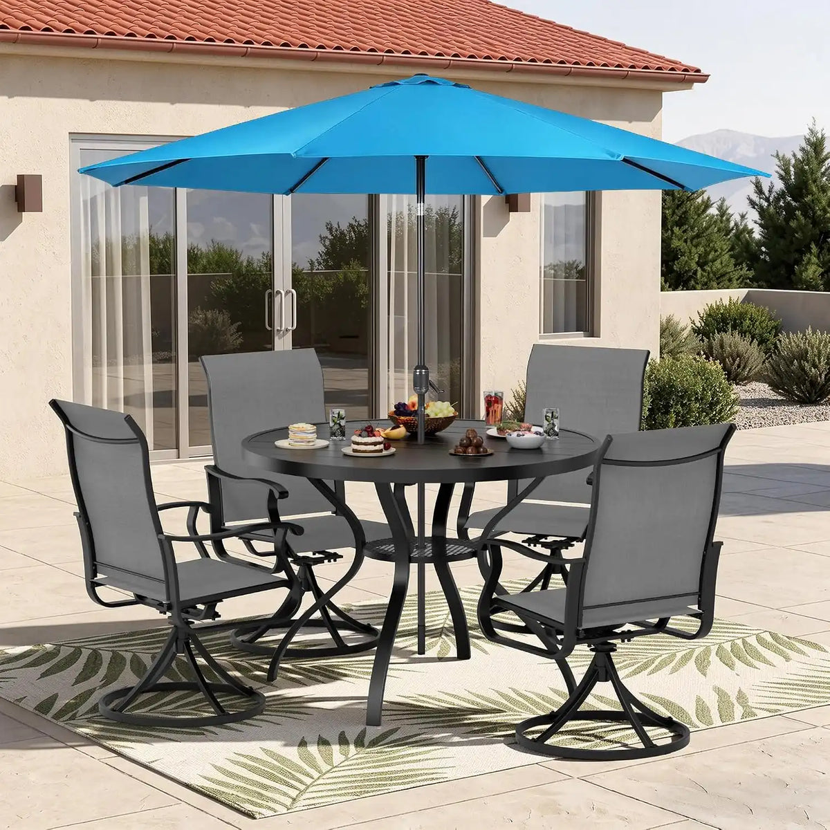 SUNCROWN 6-Piece Outdoor Dining Set, All Weather Patio Furniture Sets with 4 Dark Gray Swivel Textilene Mesh Chairs & Round Metal Table & 1 Light Blue 9Ft Umbrella for Deck Garden Backyard Poolside