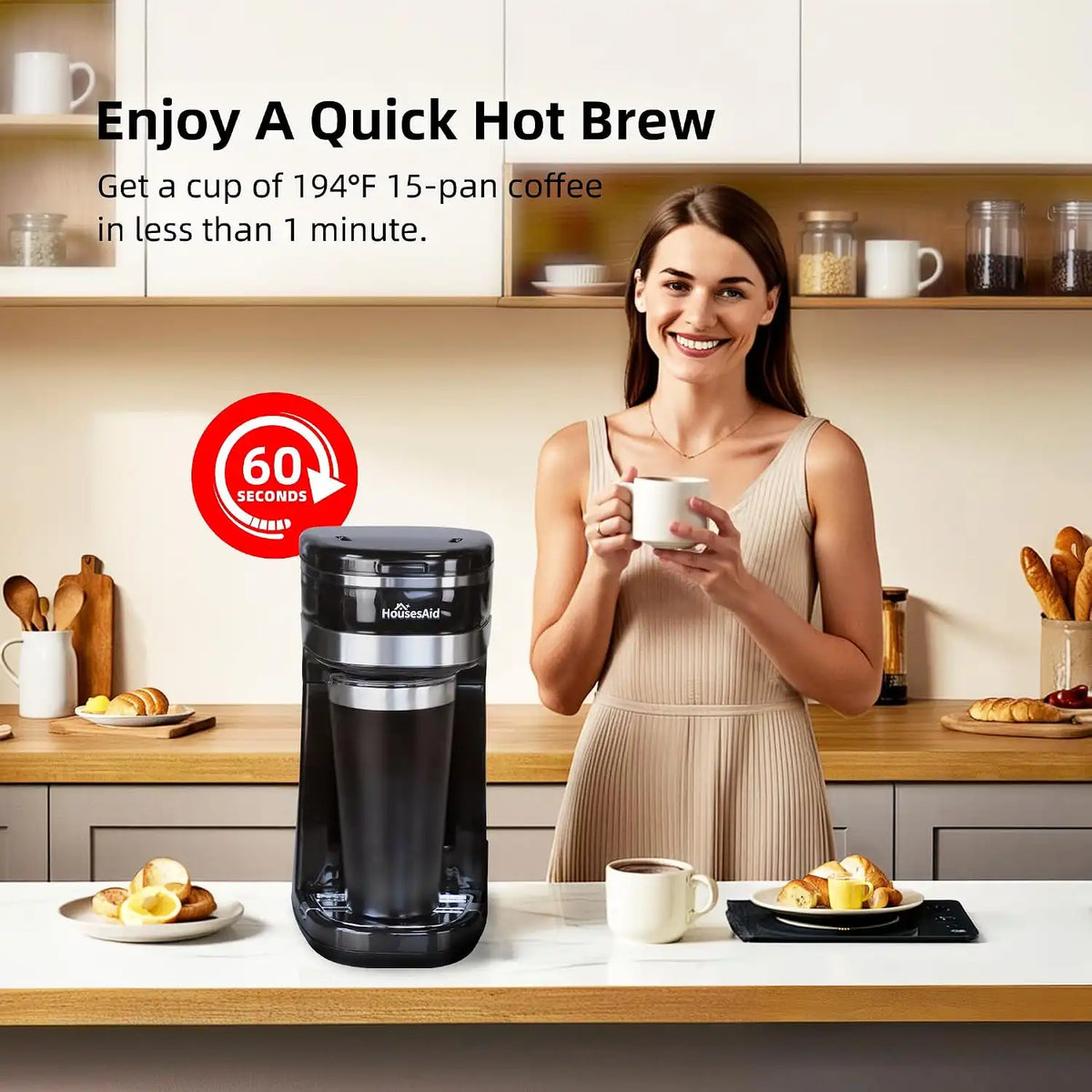 Single Serve Coffee Maker, 15oz Portable One Cup Coffee Brewer