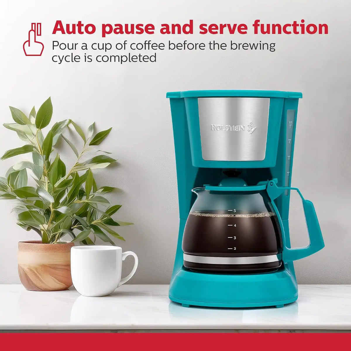 Holstein Housewares 5 Cup Drip Coffee Maker – Compact and User-Friendly with Auto Pause & Serve, Reusable Filter & Glass Carafe, Office & Dorm Use, Teal