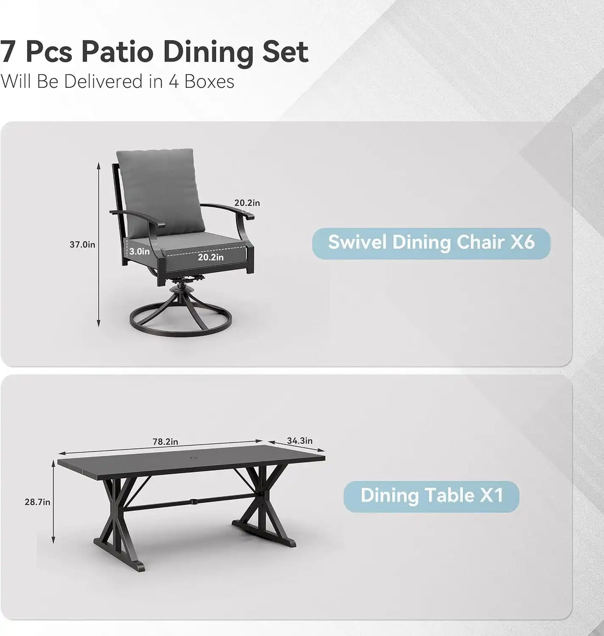ALAULM 7-Piece Patio Dining Set,Outdoor Metal Dining Set with 6 Swivel Chairs & Rectangle Table with 1.5 Umbrella Hole, Patio Dining Table and Chairs for Backyard, Grey